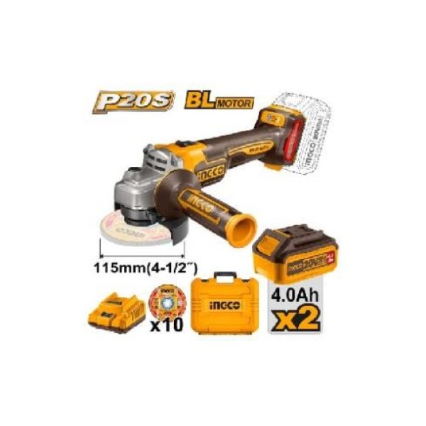 ΓΩΝΙΑΚΟΣ ΤΡΟΧΟΣ 115mm 20V BL + 2X4.0Ah + 10 ΔΙΣΚ